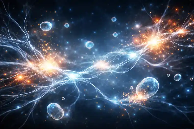 High contrast abstract illustration of neural signaling and regenerative cell communication in multiple sclerosis