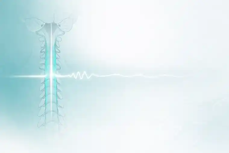 Illustration of Friedreich’s Ataxia disease progression showing gradual spinal cord involvement and mitochondrial dysfunction