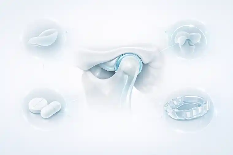 High-tech medical visualization showing conservative treatment options for TMJ disorders, including jaw exercises, splints, and medication