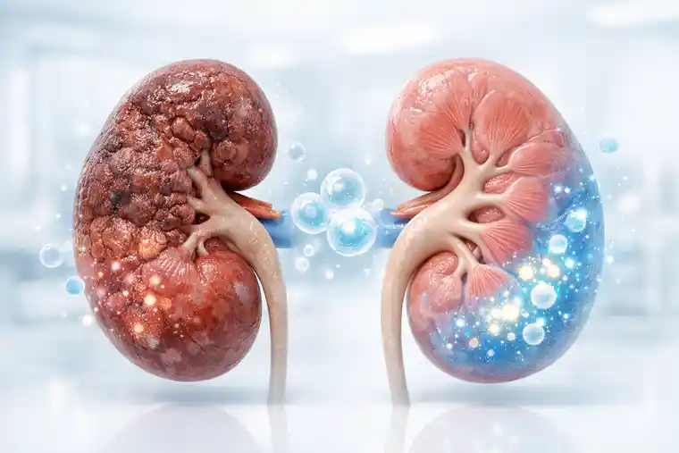 Chronic kidney disease stem cell therapy concept with kidneys and regenerative healing signals