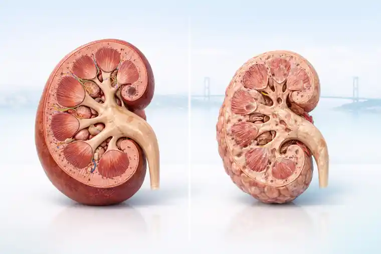 FAQ illustration for CKD vs kidney failure with cross-sectional kidney tissue view and subtle Bosphorus Bridge background