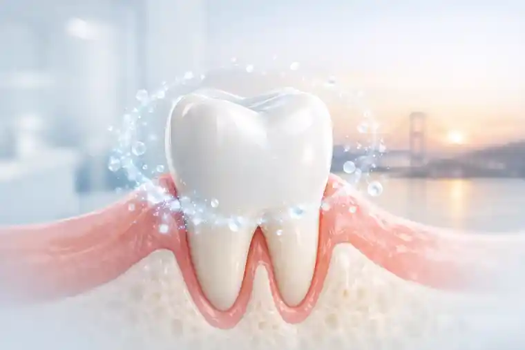 Dental healing concept illustration with subtle Bosphorus Bridge background