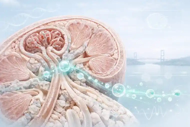 FAQ illustration for diabetic nephropathy regenerative therapy with cross-sectional kidney tissue view and subtle Bosphorus Bridge background