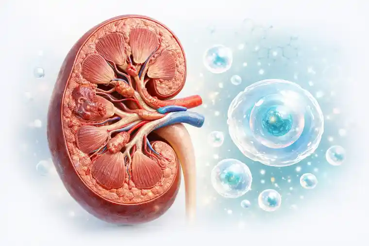 Featured image for diabetic nephropathy stem cell therapy showing kidney tissue and regenerative signaling