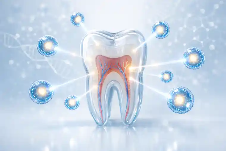 Exosome dental therapy concept showing cellular vesicles supporting tooth tissue regeneration