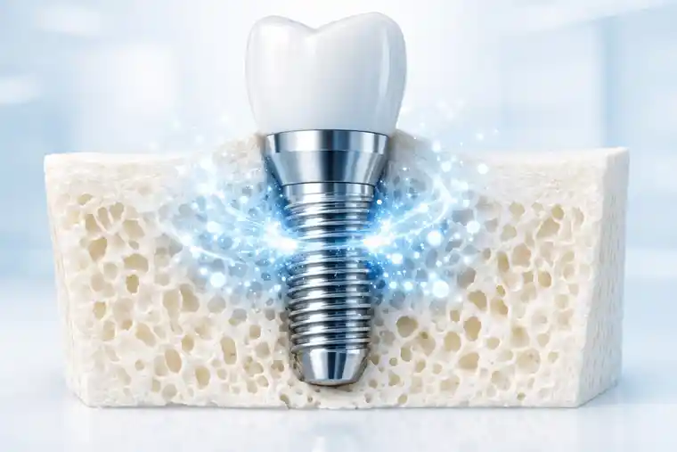 Exosome therapy for dental implants showing healing and osseointegration around a titanium implant