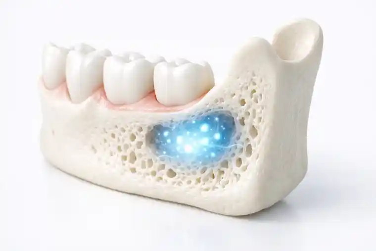Jaw bone regeneration with stem cells shown in a clean dental illustration for implant treatment