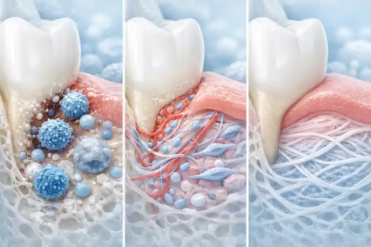 Medical illustration showing phases of oral wound healing after dental surgery