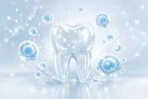 Regenerative dentistry concept showing stem cells and exosomes supporting tooth tissue regeneration
