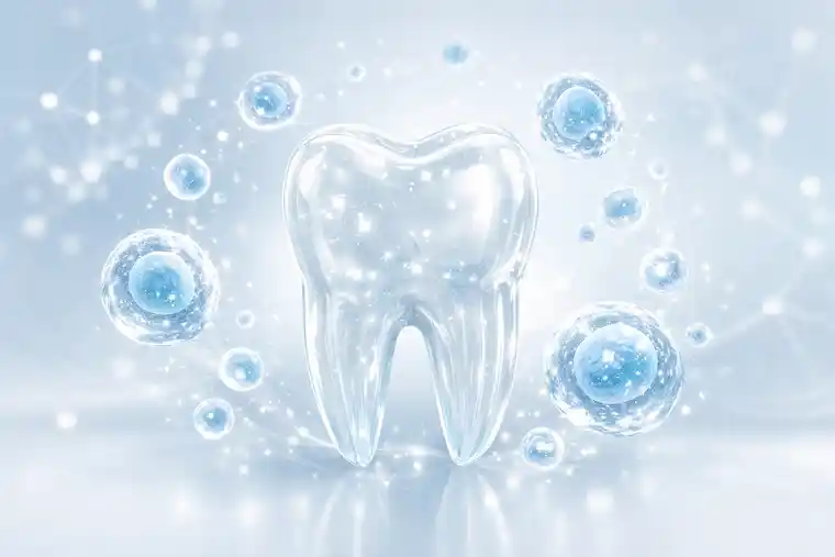 Regenerative dentistry concept showing stem cells and exosomes supporting tooth tissue regeneration