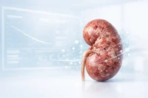 Stage 3 CKD regenerative therapy concept with single kidney and subtle kidney function monitoring background