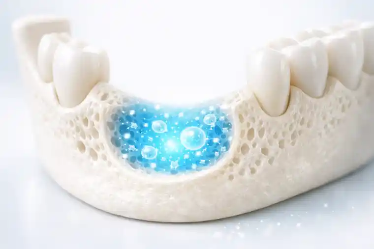 Stem cell application process for jaw bone regeneration shown in a clean dental illustration