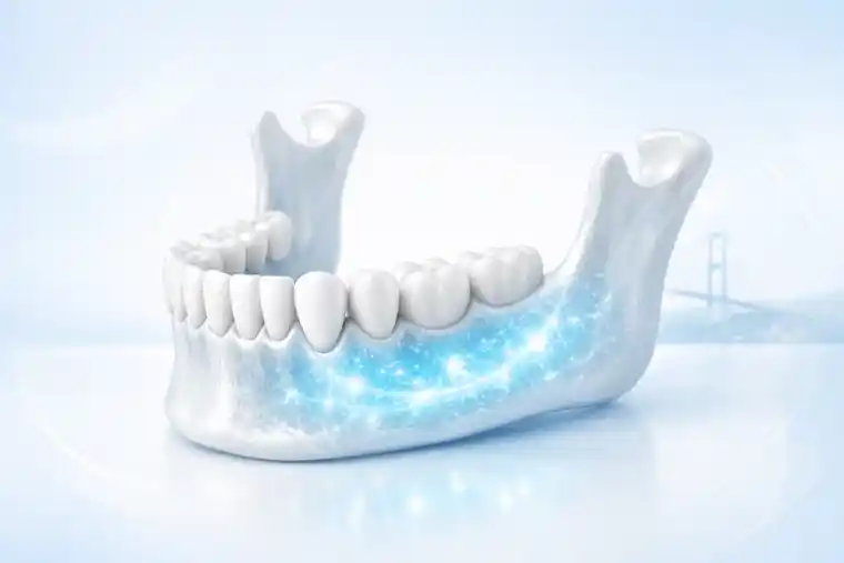 FAQ illustration about jaw bone regeneration with stem cells in dentistry with subtle Bosphorus Bridge background