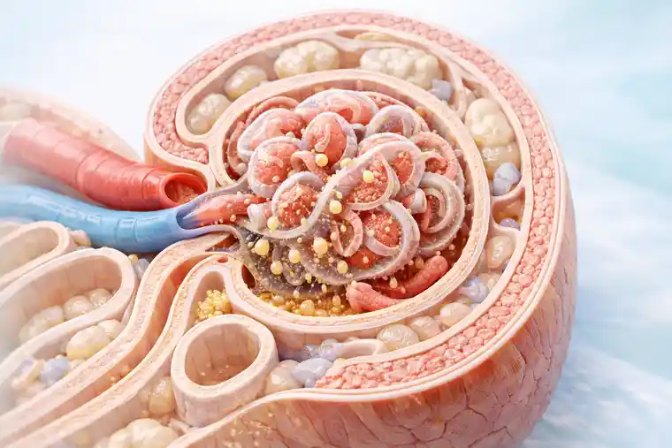 Cross-sectional kidney tissue illustration showing what diabetic nephropathy actually is and how diabetic damage affects kidney filtration