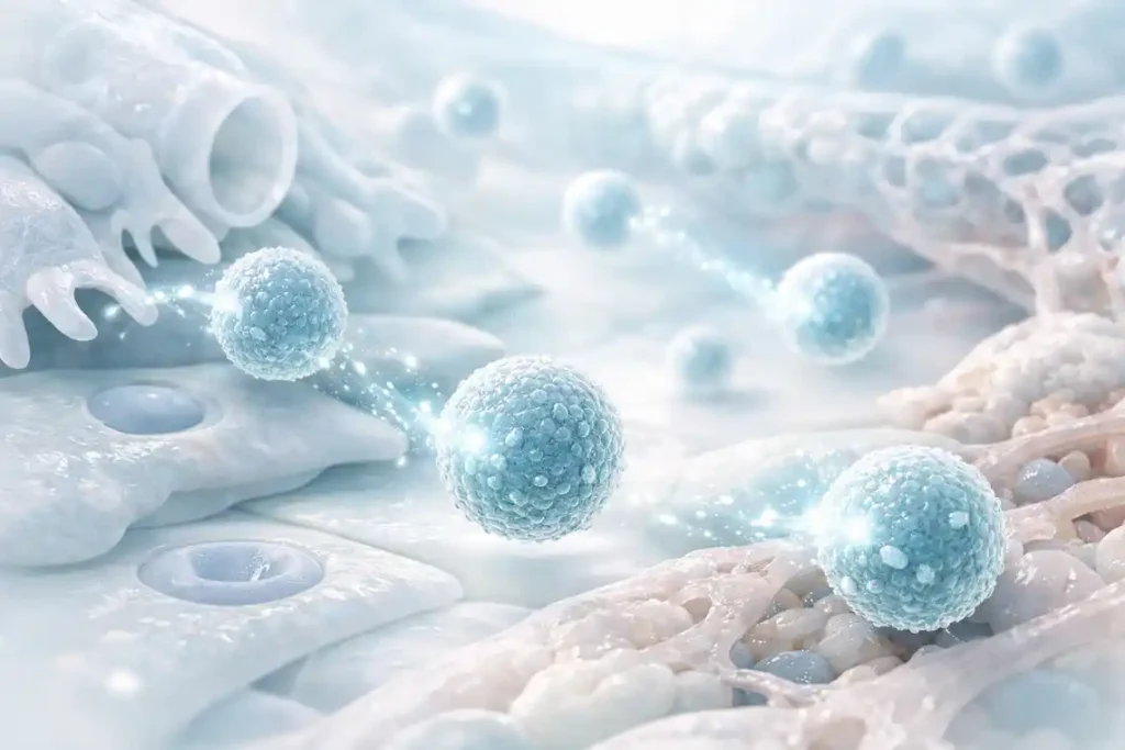 Microscopic illustration showing where exosomes fit in diabetic nephropathy and how cellular signaling may support kidney tissue