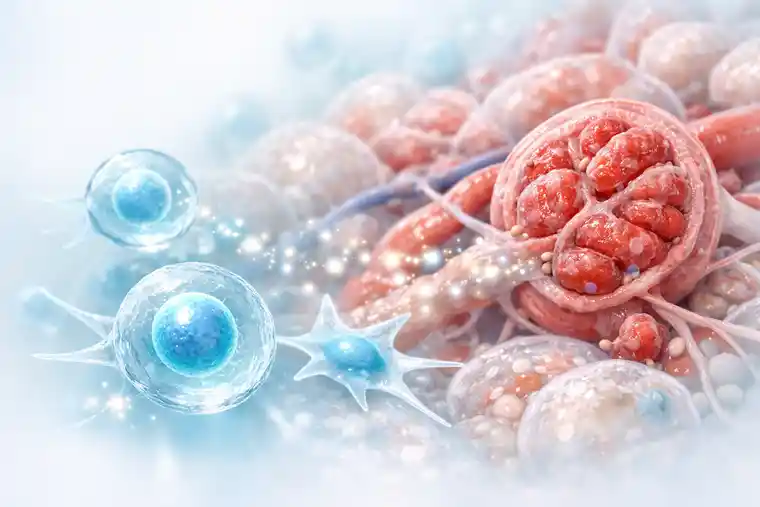 Stem cells interacting with stressed kidney tissue in diabetic nephropathy illustration