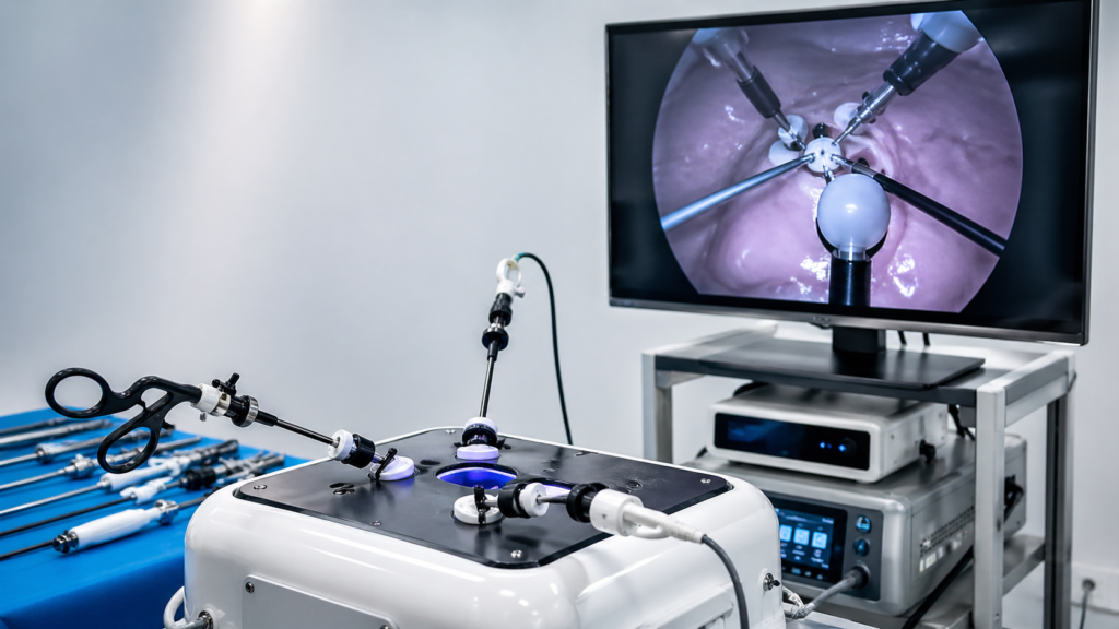 Close-up of laparoscopic instruments in a simulation training box during hands-on laparoscopy training