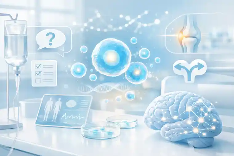 Stem cells and exosomes shown in a clean regenerative medicine illustration