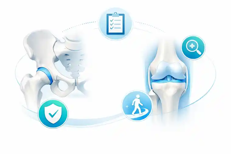 FAQ about avoiding hip or knee surgery with stem cell injections shown in a clear non-surgical medical illustration