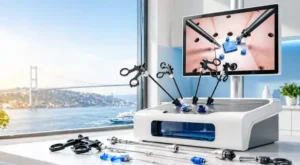 Laparoscopic training simulator with instruments and monitor in a modern medical training environment in Istanbul.