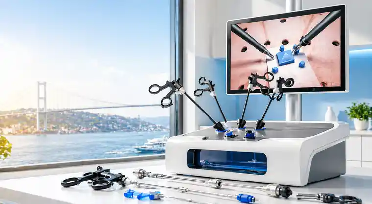 Laparoscopic training simulator with instruments and monitor in a modern medical training environment in Istanbul.