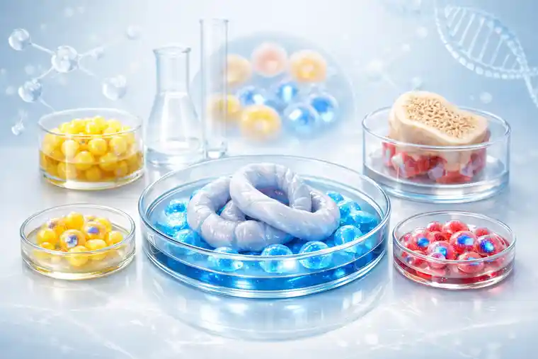 Different types of stem cells explained in a clean regenerative medicine illustration with umbilical cord, SVF, and bone marrow cell concepts