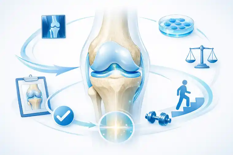 Medical guidance about avoiding hip or knee surgery with stem cell injections shown in a clear illustration