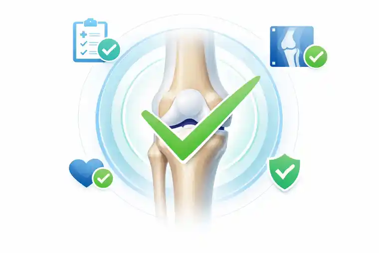 FAQ about who is a good candidate for stem cell injections shown in a clear knee joint medical illustration