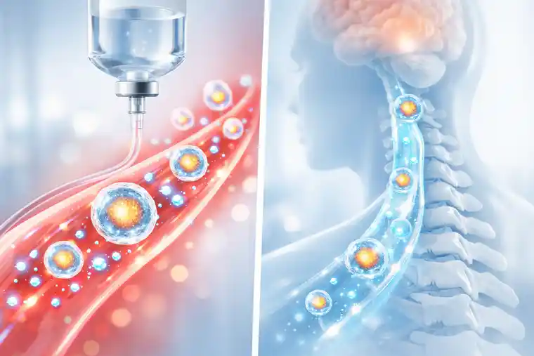 IV versus intrathecal treatment in regenerative medicine shown in a clean medical illustration with bloodstream and spinal fluid delivery pathways