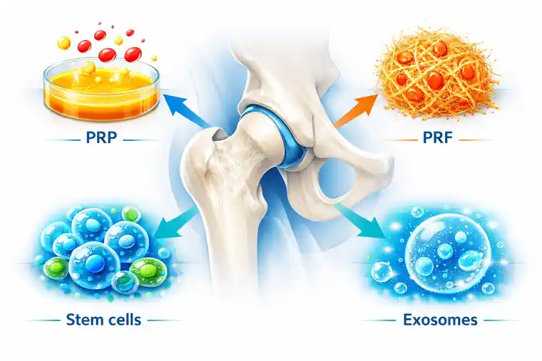 Selection of PRP, PRF, Stem Cells and Exosomes for joint treatment shown in a clear medical illustration