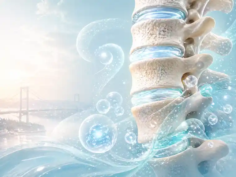 Elegant medical illustration for lumbar disc disease FAQ section showing lower spine discs with soft regenerative light, subtle question-mark motif, and a faint Bosphorus Bridge in the background.