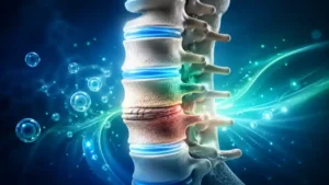 Elegant medical illustration of lumbar degenerative disc disease with regenerative support concept showing lower spine discs, soft healing light, and a visual impression of stem cell and exosome therapy without needles or blood.
