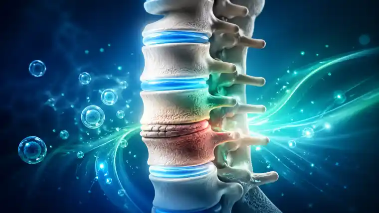 Elegant medical illustration of lumbar degenerative disc disease with regenerative support concept showing lower spine discs, soft healing light, and a visual impression of stem cell and exosome therapy without needles or blood.