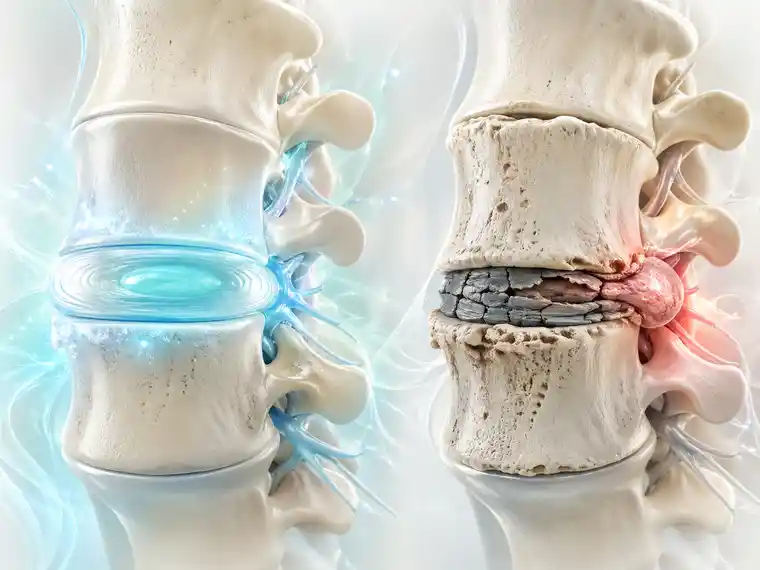 Lumbar disc disease treatment candidate comparison image showing a preserved disc beside a severely damaged disc