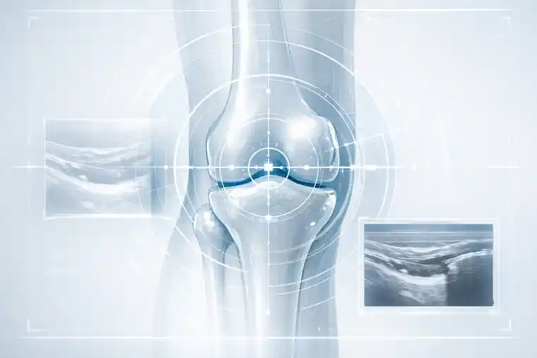 Precision-guided stem cell treatment for the knee shown in a clear medical illustration