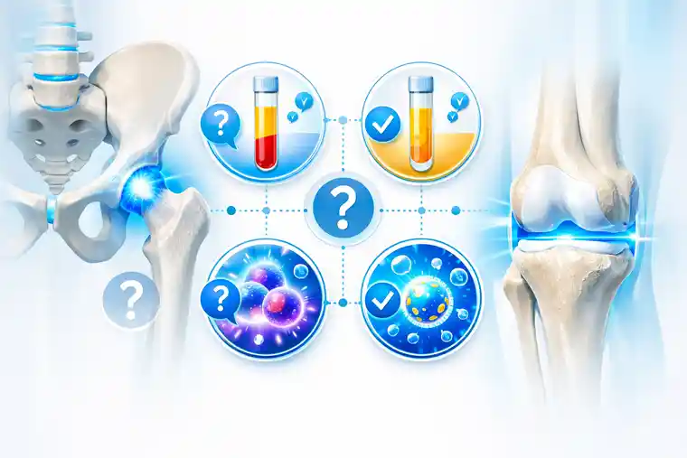 FAQ about PRP, PRF, stem cells and exosomes for hip and knee joint treatment shown in a clear medical comparison illustration
