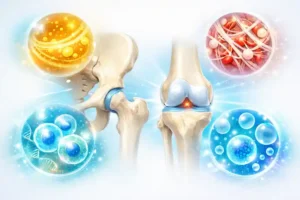 PRP, PRF, stem cells and exosomes for hip and knee joint treatment shown in a clear medical comparison illustration