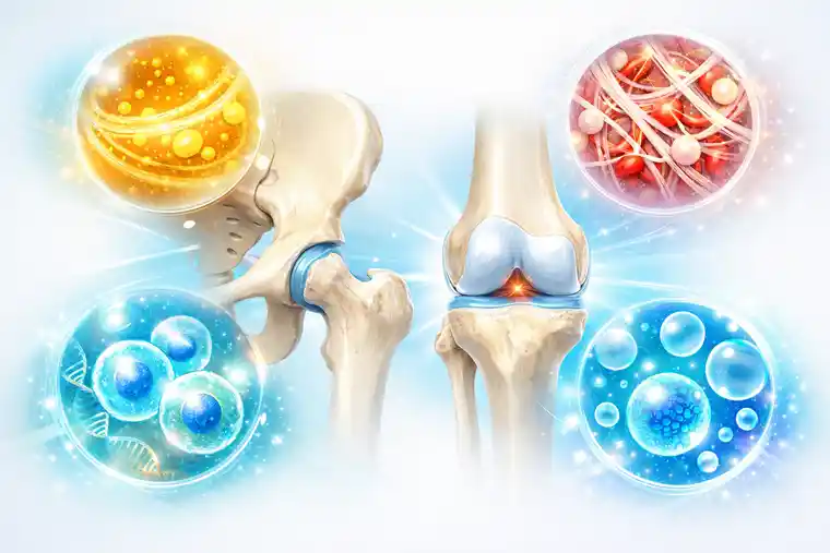 PRP, PRF, stem cells and exosomes for hip and knee joint treatment shown in a clear medical comparison illustration