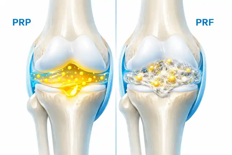 PRP and PRF for joint treatment shown in a clear medical comparison illustration