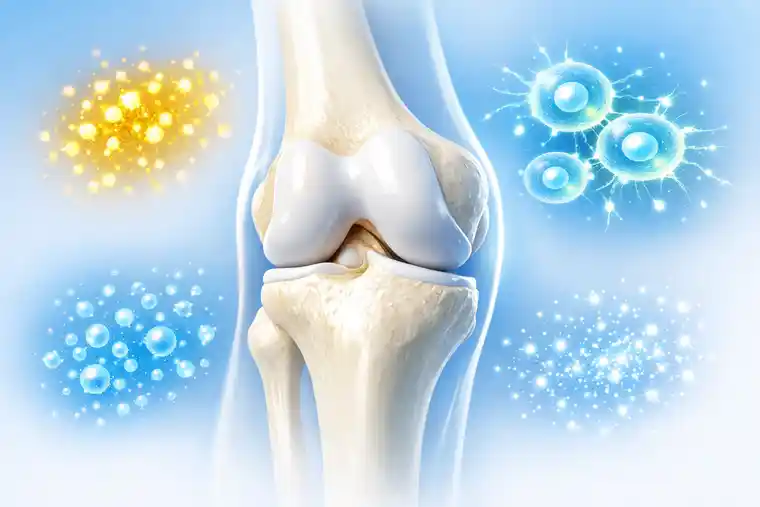 Different regenerative materials for hip and knee joint treatment shown in a clear medical illustration