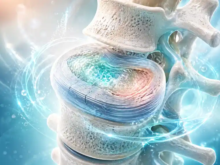 Detailed editorial illustration of the lumbar spine and intervertebral disc with a regenerative treatment concept
