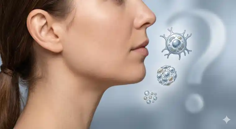 FAQ image for skin rejuvenation candidate article with subtle stem cells SVF and exosome concept around partial facial skin