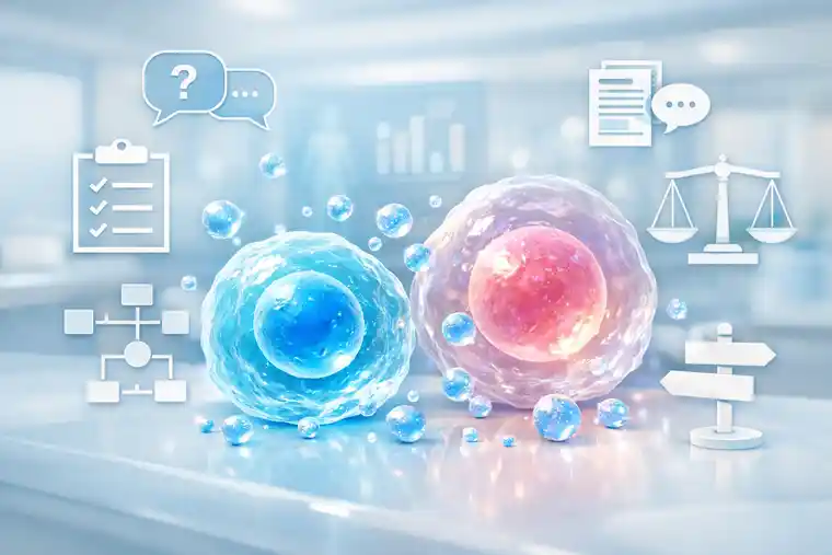 Featured image for stem cells and exosomes FAQ showing patient questions and regenerative medicine concepts in a clean clinical illustration