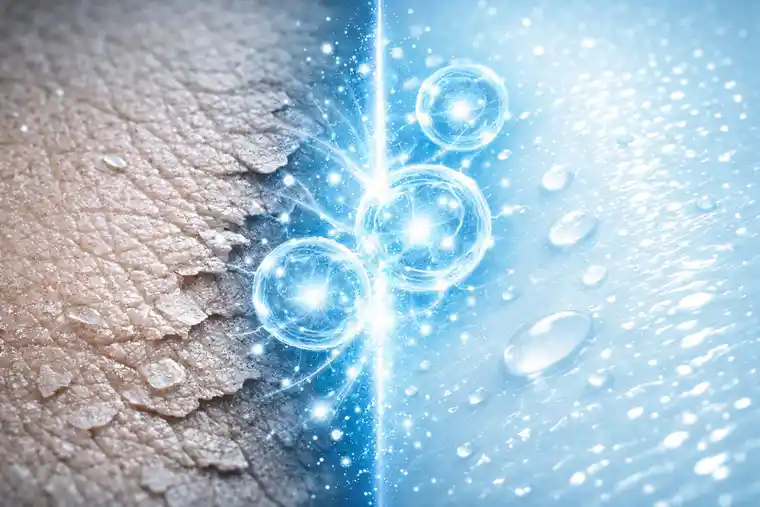 What skin rejuvenation with stem cells actually means shown as a transition from tired skin to fresher regenerated skin