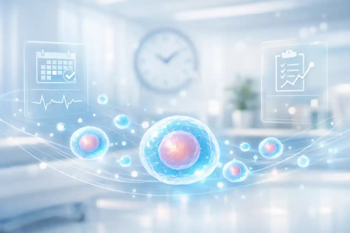 What to expect after stem cell or exosome treatment shown in a calm regenerative medicine recovery illustration with follow-up and gradual healing concept