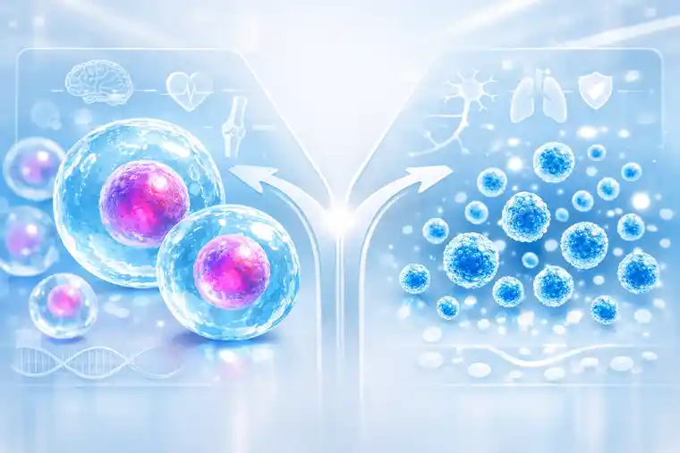 Stem cells and exosomes treatment decision shown in a clean regenerative medicine illustration with larger cells and smaller exosome particles