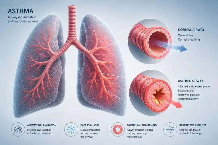 Asthma airway inflammation showing narrowed bronchi and restricted airflow in lung illustration