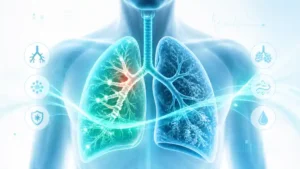 Medical illustration of asthma vs COPD showing translucent lungs, airway inflammation, chronic lung changes and regenerative medicine signals in a blue clinical style