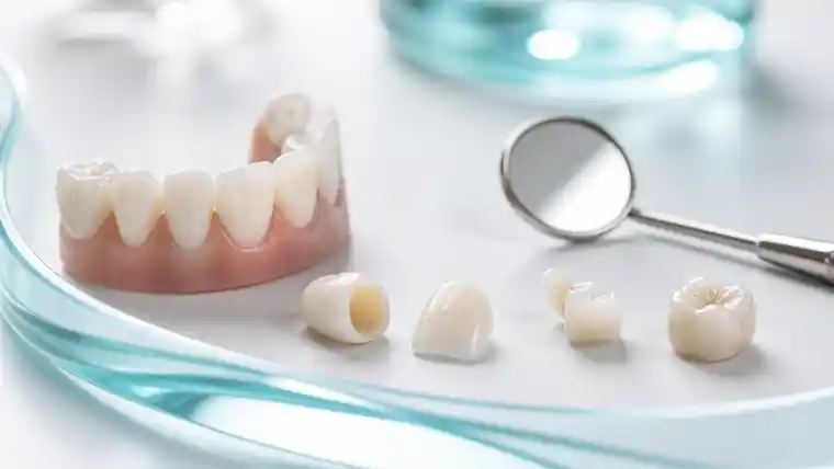 Bad dental work - Dental model showing correctable dental problems including a mismatched crown and restoration pieces