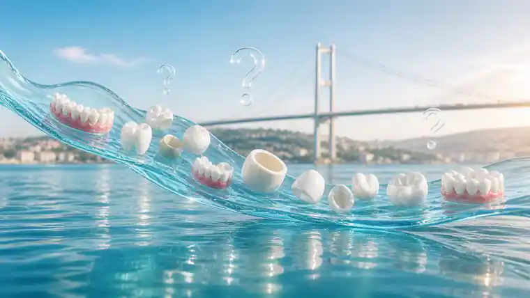 Stylized dental crowns and teeth flowing over water with question marks and the Bosphorus Bridge in the background